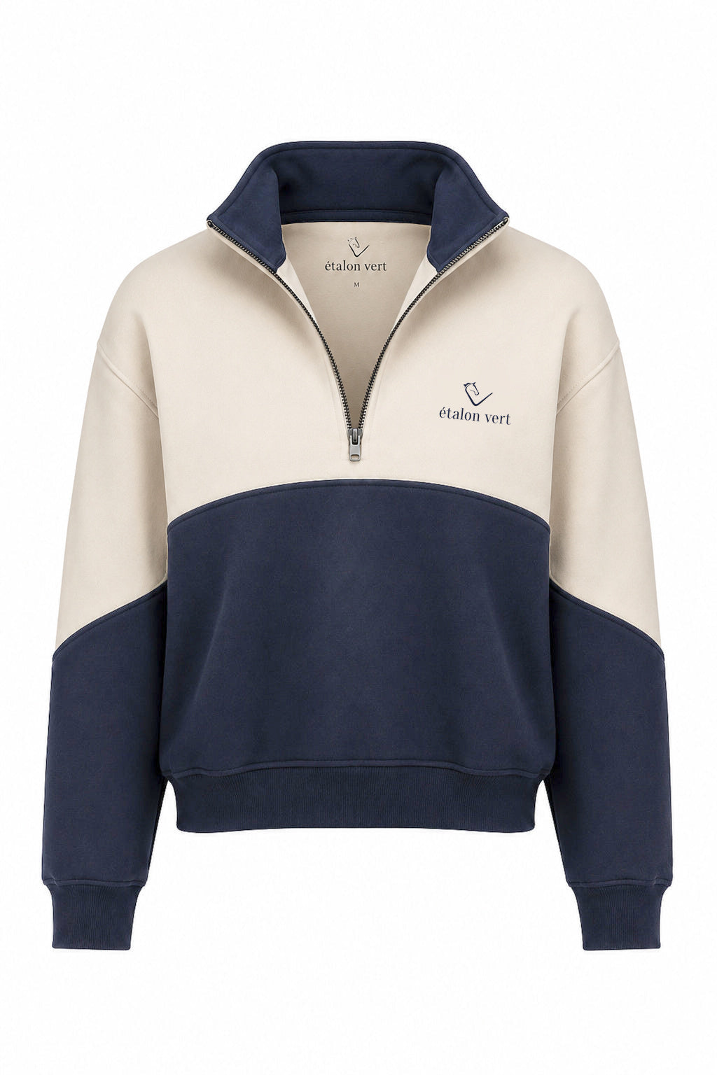 Bicolor Zip Sweater Off-white/Navy – Front offen mit dunkelblauer Bruststickerei