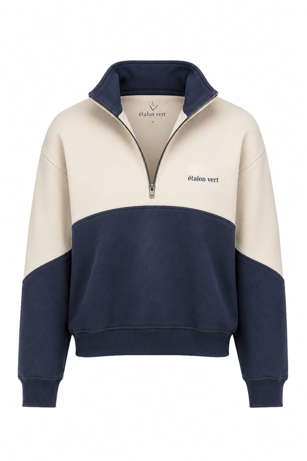 Bicolor Zip Sweater Off-white/Navy – Front offen mit dunkelblauer Bruststickerei