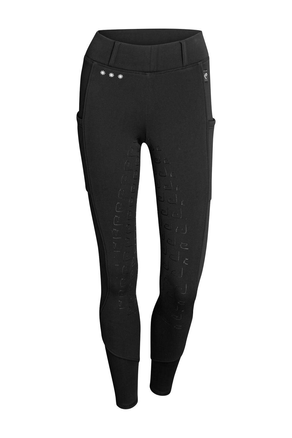 Negro 2.0 Thermo-Reitleggings in Black – Vorderansicht mit hohem Bund, Gürtelschlaufen und drei kleinen Schneeflocken