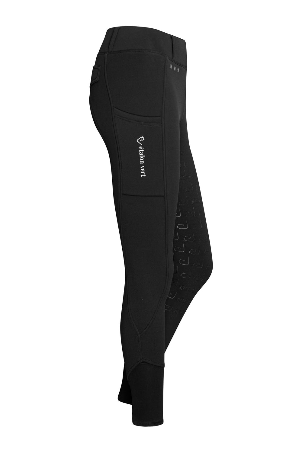 Negro 2.0 Thermo-Reitleggings in Black – Seitenansicht mit Handytasche und weißem étalon-vert-Schriftzug