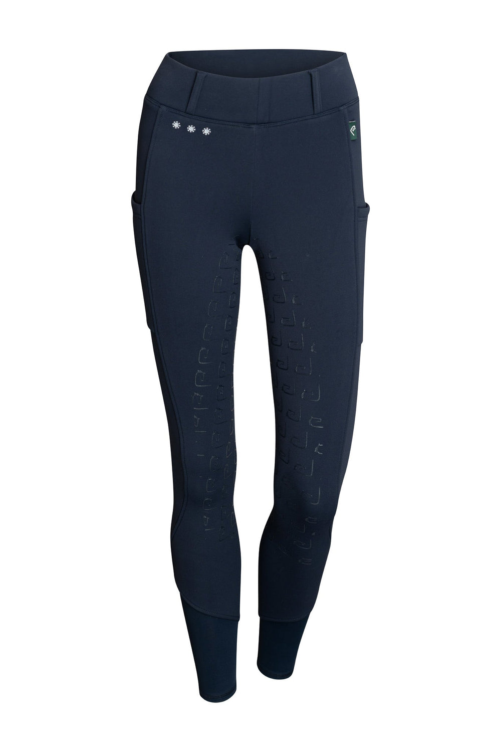 Negro 2.0 Thermo-Reitleggings in Navy – Vorderansicht mit hohem Bund, Gürtelschlaufen und drei kleinen Schneeflocken