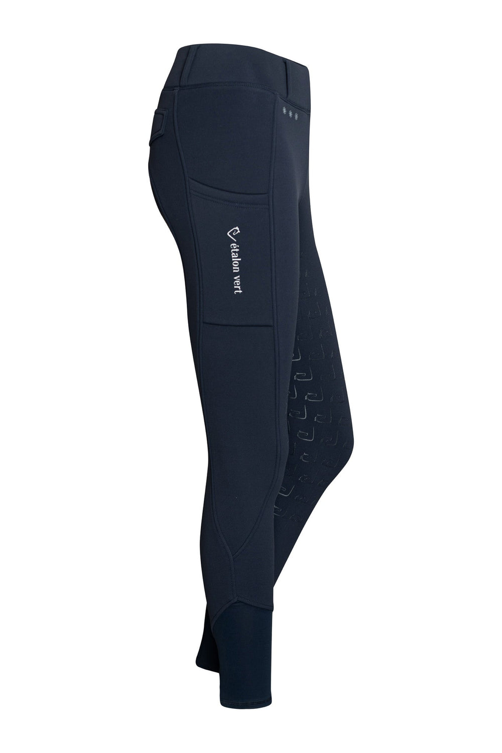 Negro 2.0 Thermo-Reitleggings in Navy – Seitenansicht mit Handytasche und weißem étalon-vert-Schriftzug