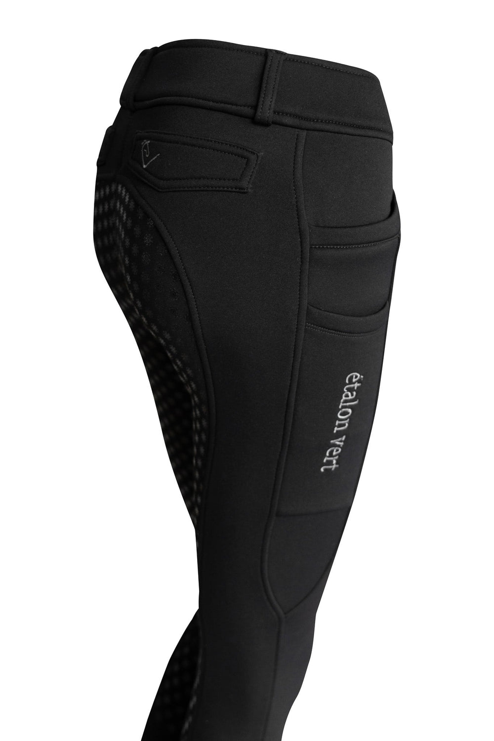 Snow King 2.0 Thermo-Reithose Vollgrip in Black, seitliche Handytasche und Vollgrip-Detail