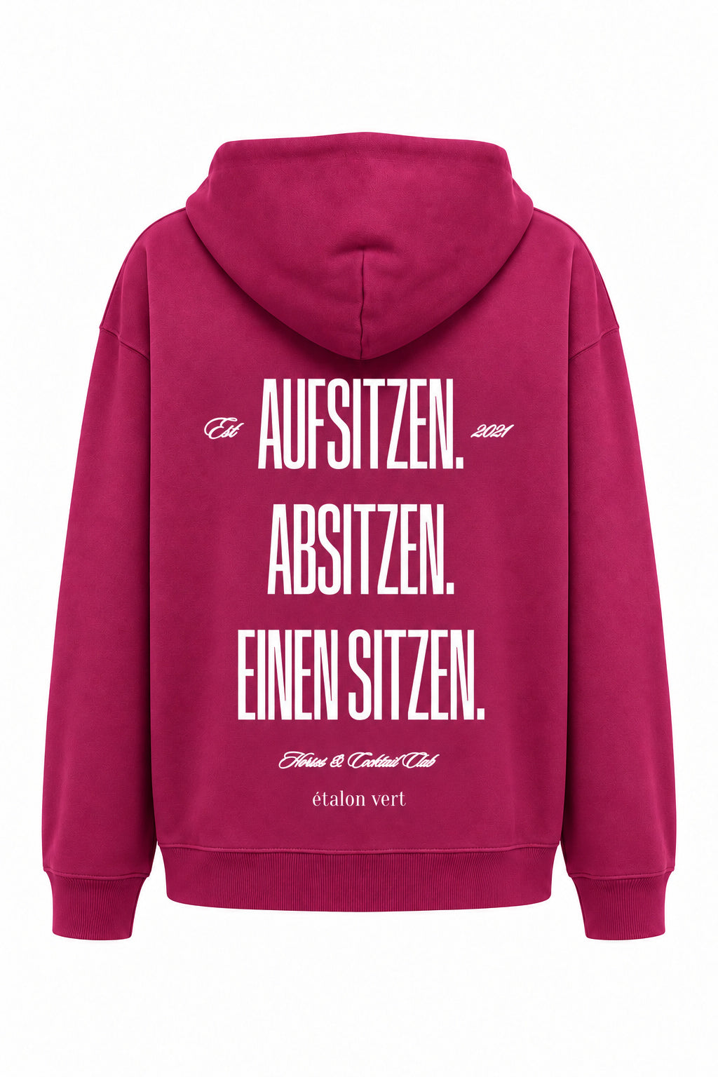 aufsitzen – Hoodie Very Berry, Rückenansicht mit großem weißem Druck
