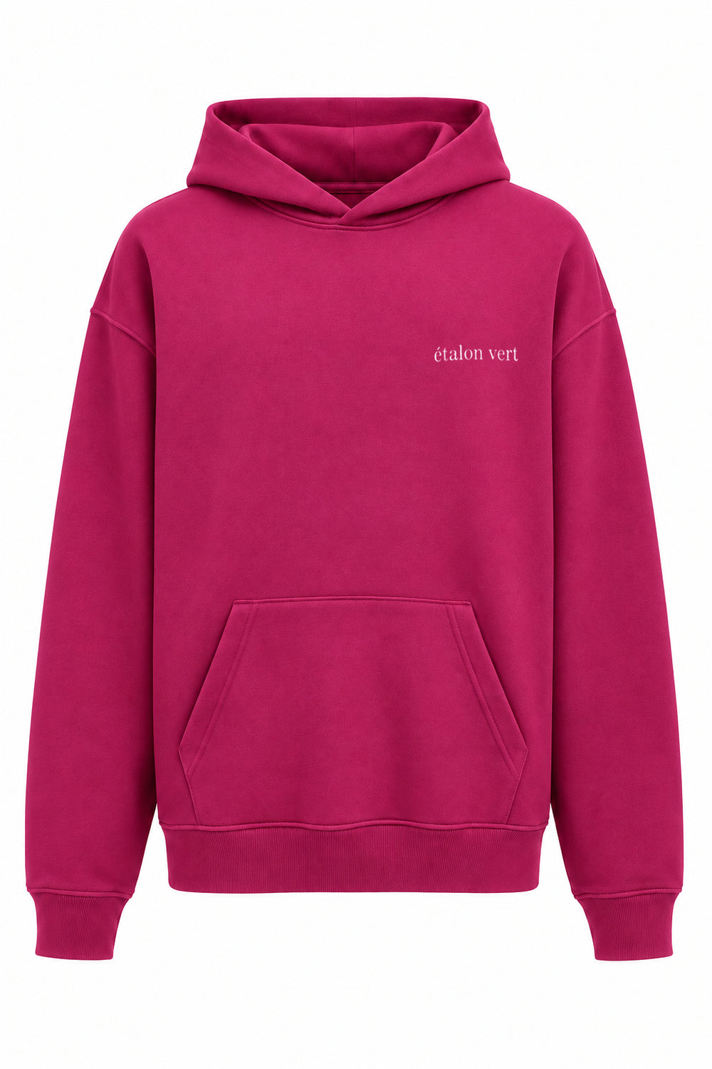 Very Berry Oversize Hoodie – Vorderansicht, kleines weißes Logo auf linker Brust