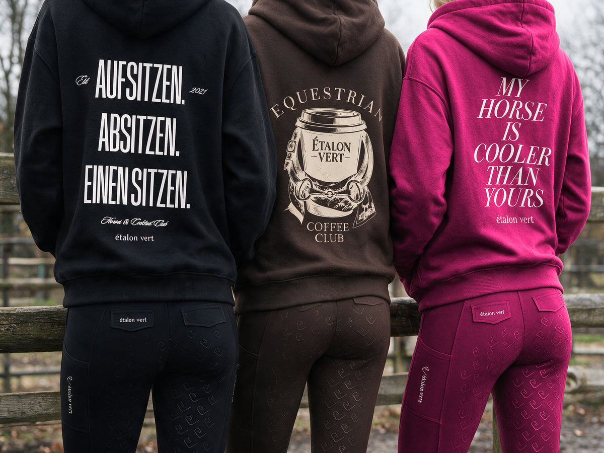 Equestrian Oversize Collection – drei Hoodie-Prints in Black, Brown und Very Berry, Desktop