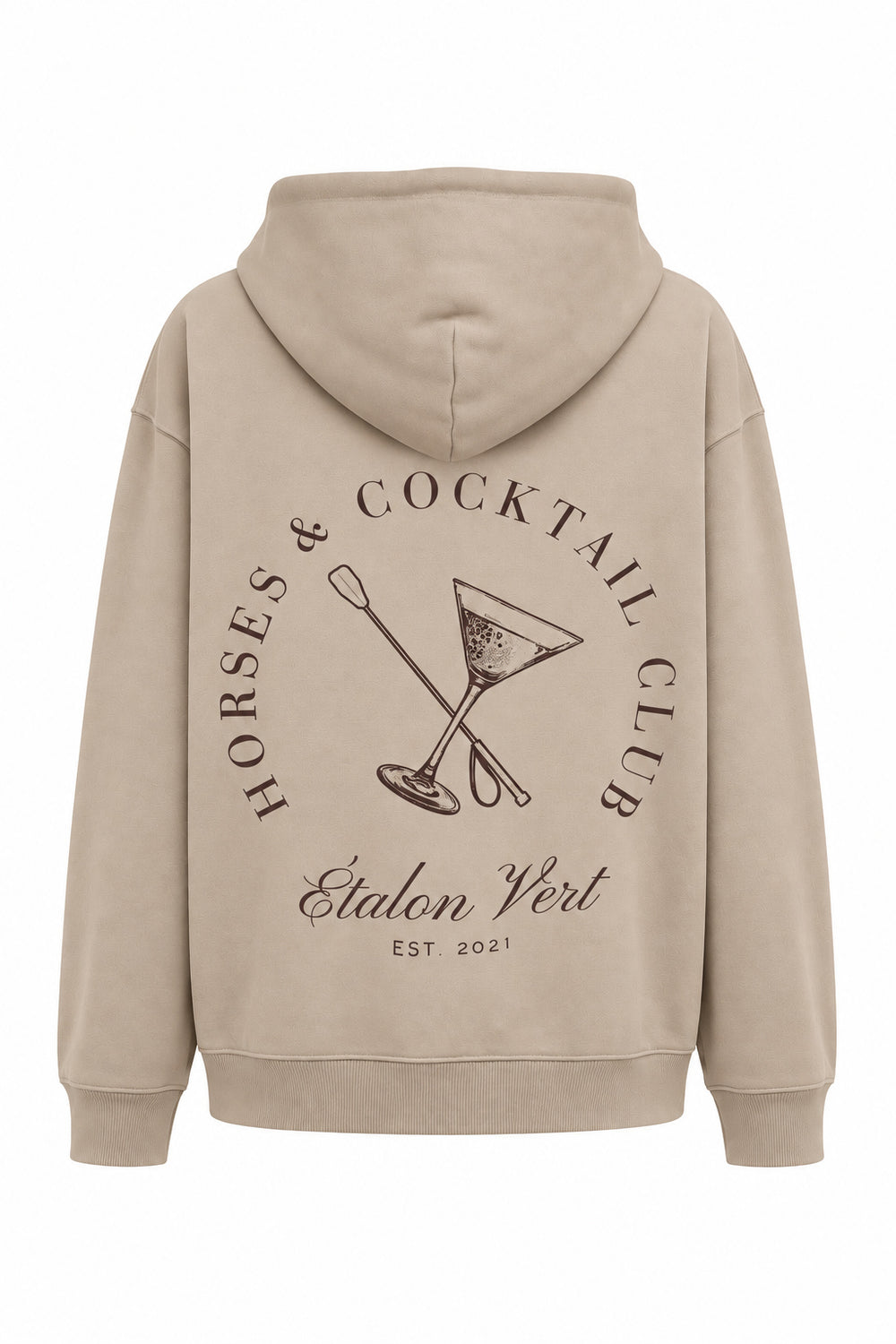 Beige Oversize Hoodie – Rückenansicht, Motiv horses-cocktail, Druck Brown