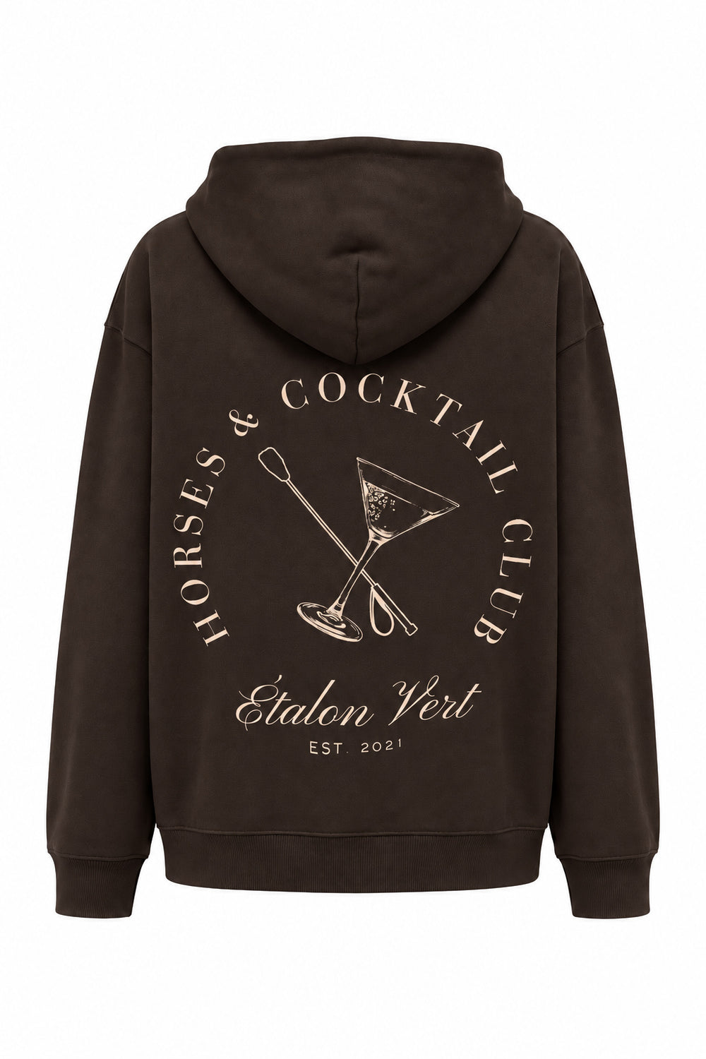 Brown / Chocolate Brown Oversize Hoodie – Rückenansicht, Motiv horses-cocktail, Druck Beige