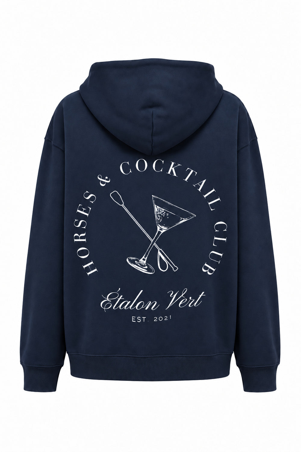 horses-cocktail – Hoodie Navy, Rückenansicht mit großem weißem Druck