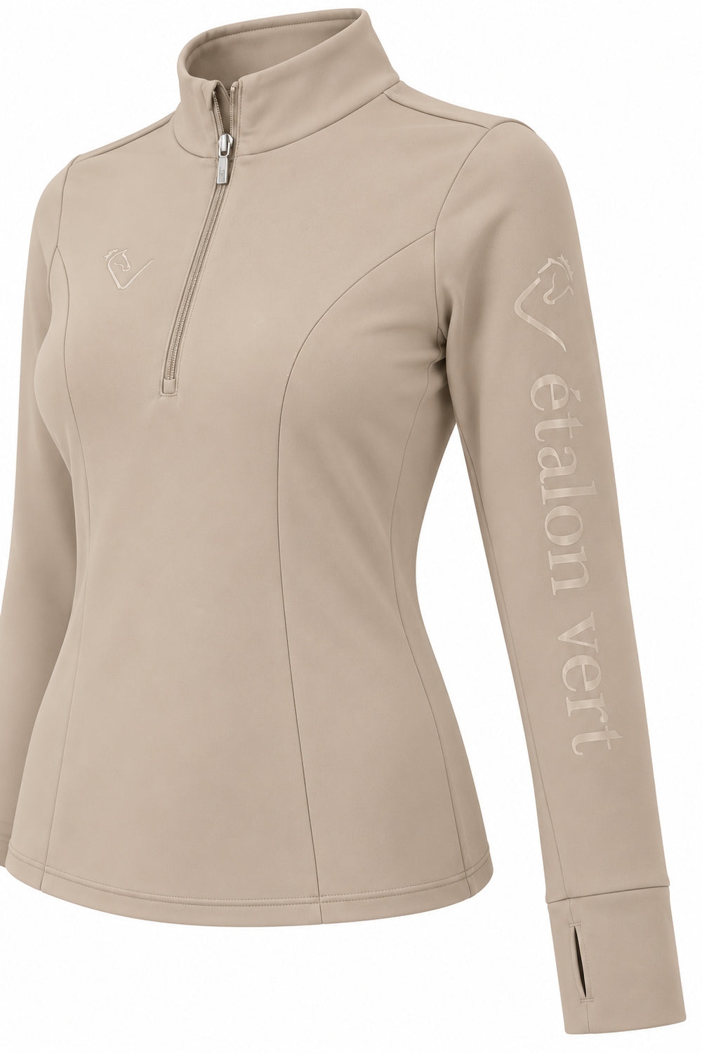 Snowball Thermo Langarmshirt – Beige, Detail der Ärmelmarke