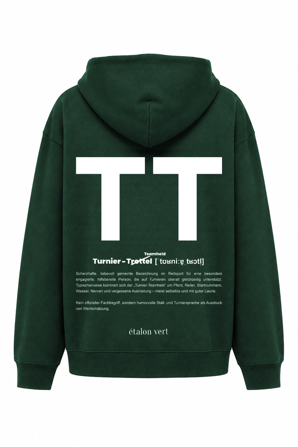 TT Print Hoodie – Dunkelgrün – Rückenansicht mit großem weißem TT-Druck