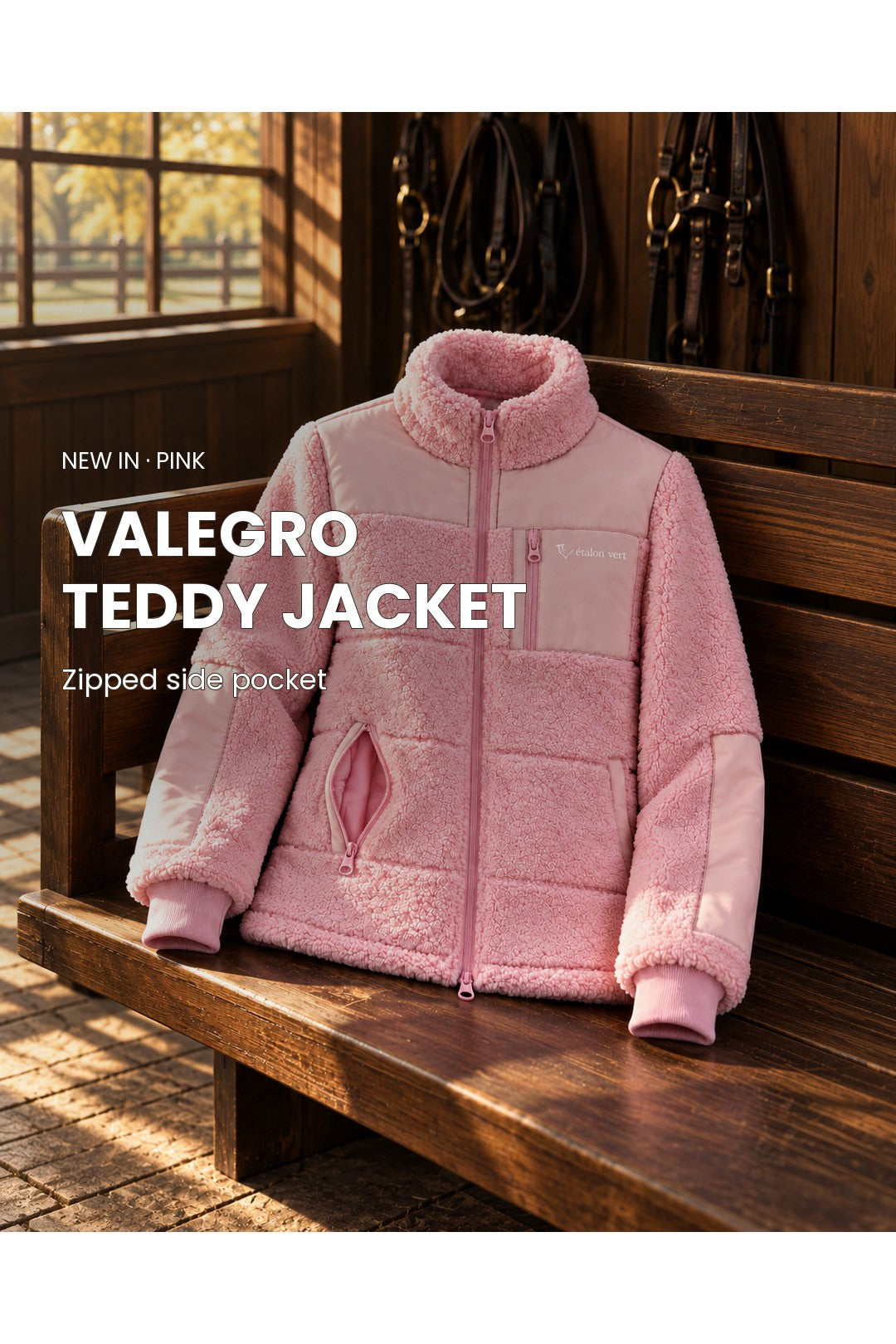 Valegro Teddyjacke Rosa – Seitentasche mit Reißverschluss, englische Bildbeschriftung