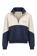 Bicolor Zip Sweater Off-white/Navy – Front offen mit dunkelblauer Bruststickerei