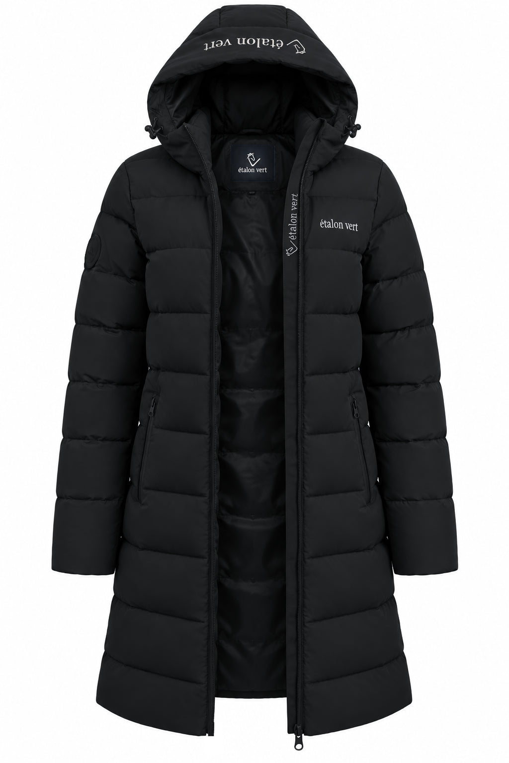 Cardento Long Puffer Jacket Black – Front geöffnet mit aufgestellter Kapuze