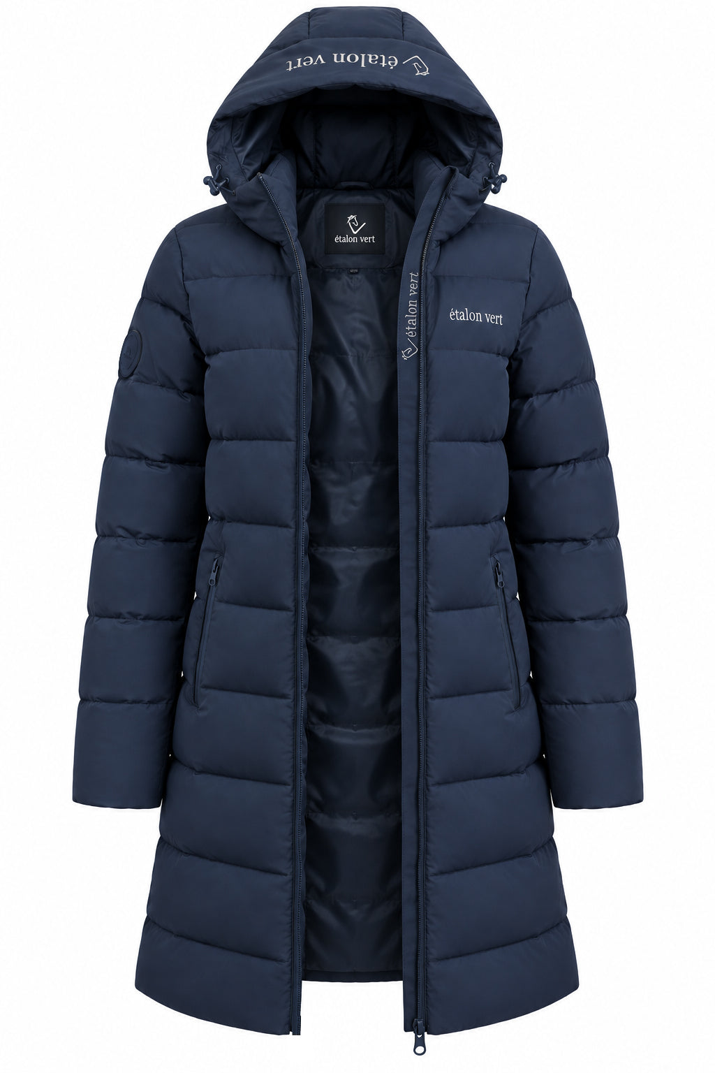 Cardento Long Puffer Jacket Navy – Front geöffnet mit aufgestellter Kapuze