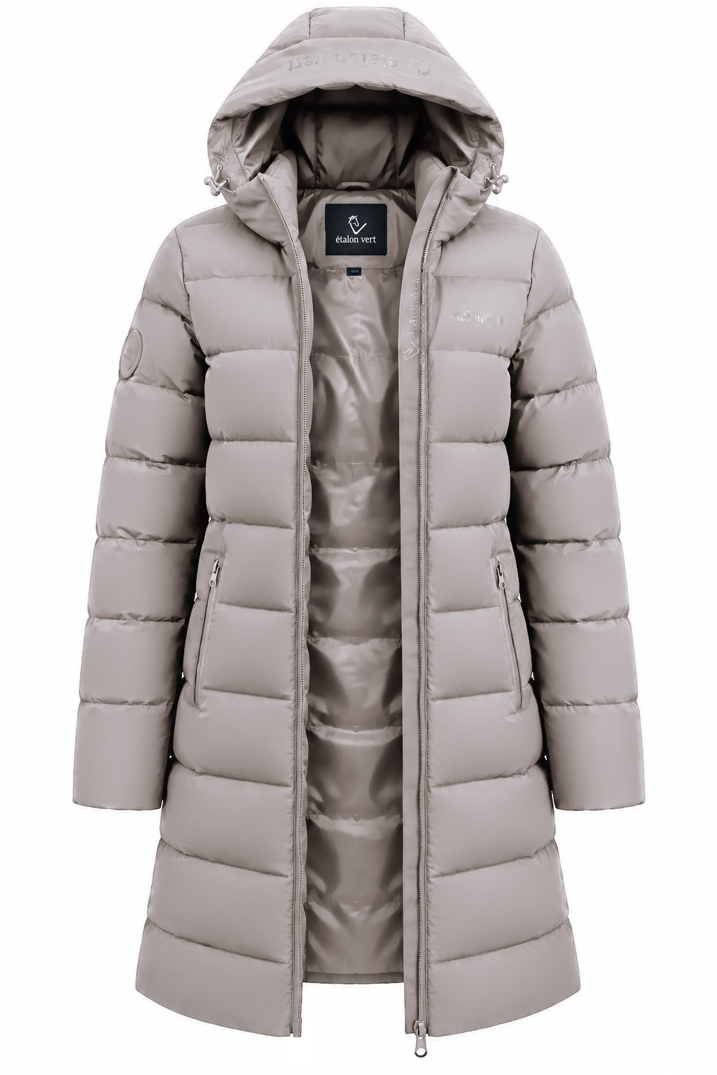 Cardento Long Puffer Jacket Taupe – Front geöffnet mit aufgestellter Kapuze