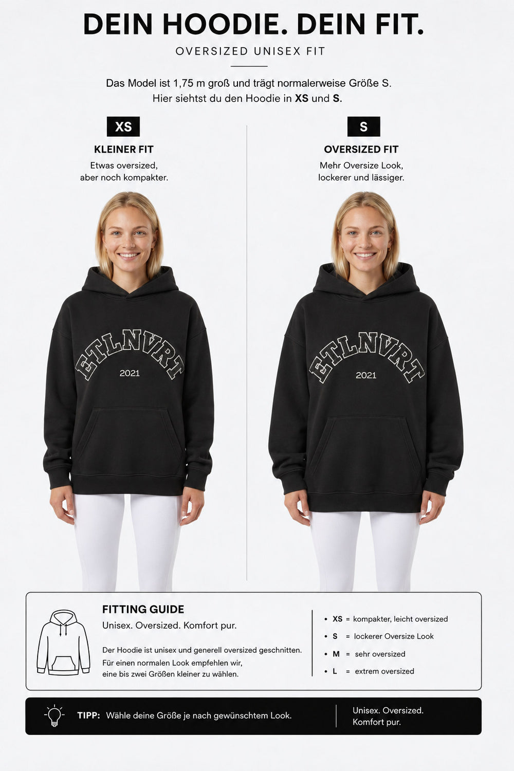 étalon vert – Oversize - ETLNVRT Hoodie - Black – Fit-Guide XS und S – Model 1,75 m, normalerweise S [de]