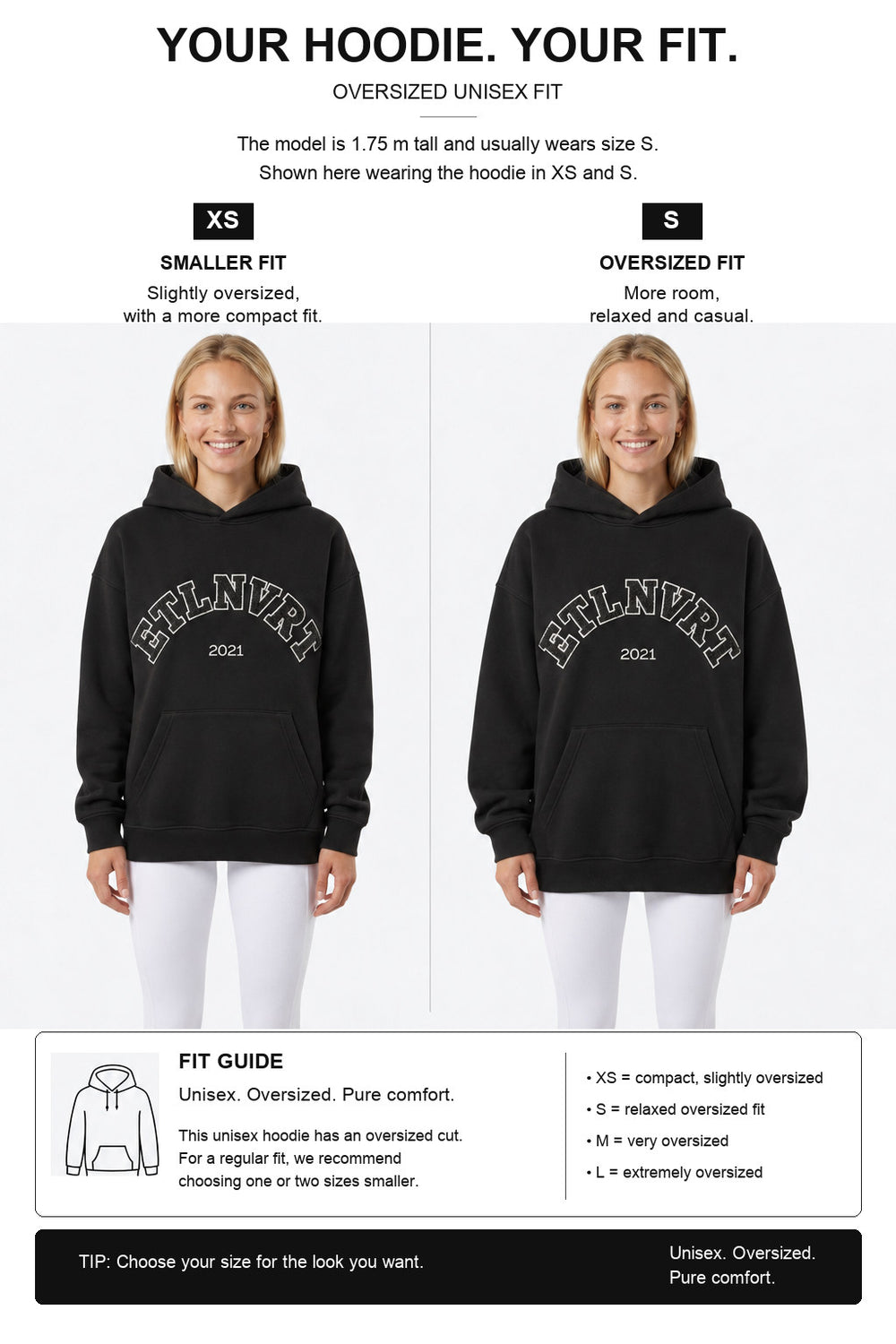 étalon vert – Oversize - ETLNVRT Hoodie - Black – Fit-Guide XS und S – Model 1,75 m, normalerweise S [en]