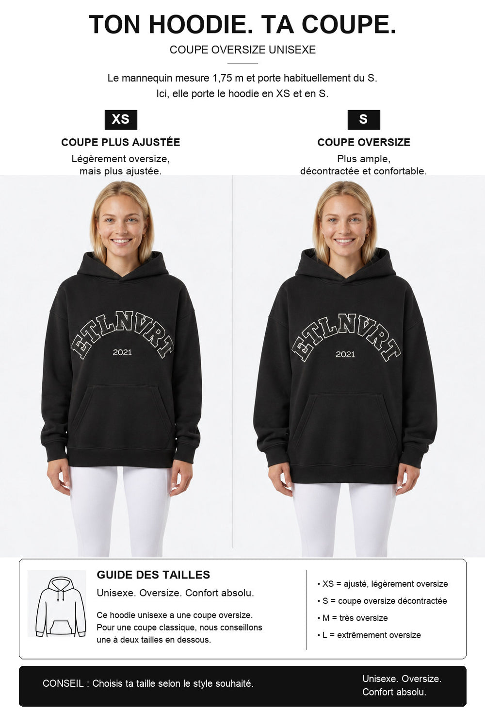 étalon vert – Oversize - ETLNVRT Hoodie - Black – Fit-Guide XS und S – Model 1,75 m, normalerweise S [fr]