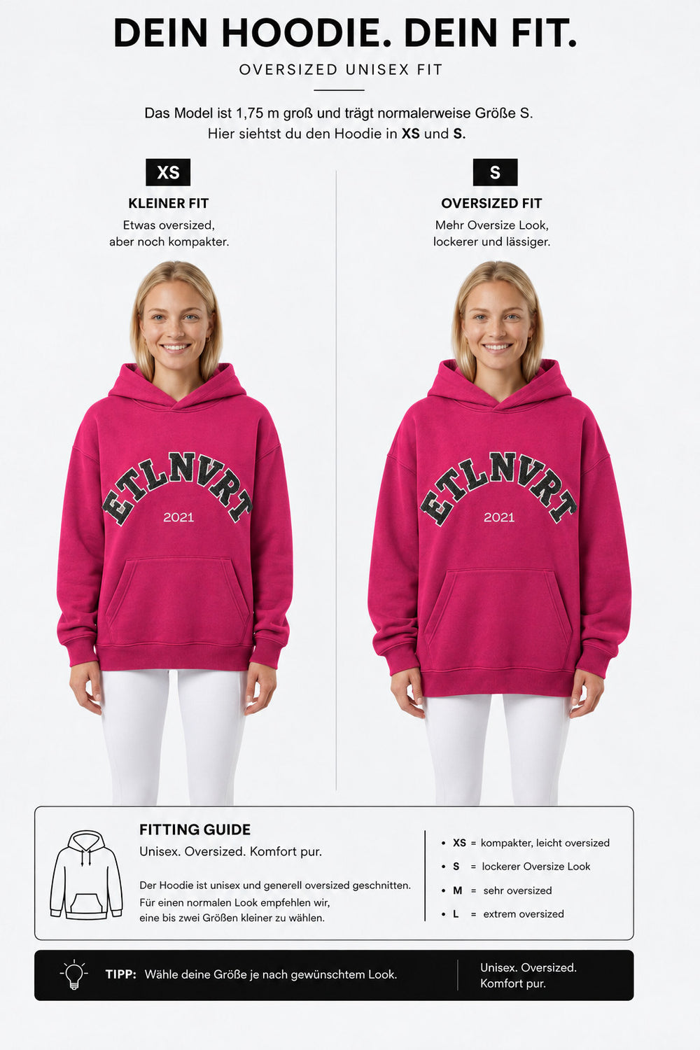 étalon vert – Oversize - ETLNVRT Hoodie - Very Berry – Fit-Guide XS und S – Model 1,75 m, normalerweise S [de]