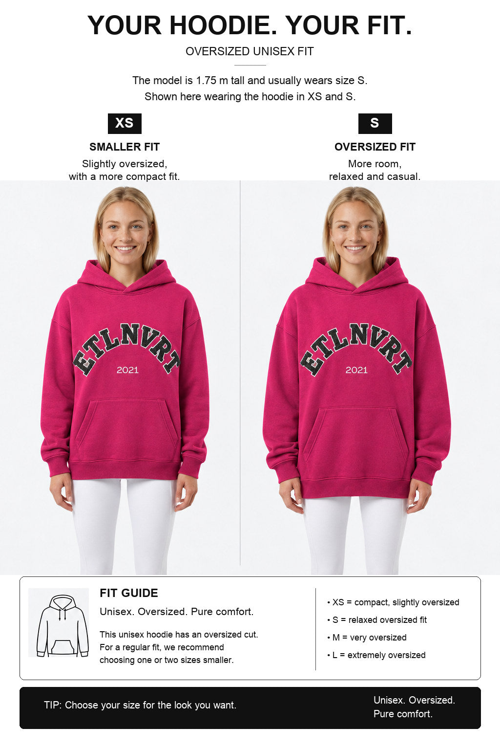 étalon vert – Oversize - ETLNVRT Hoodie - Very Berry – Fit-Guide XS und S – Model 1,75 m, normalerweise S