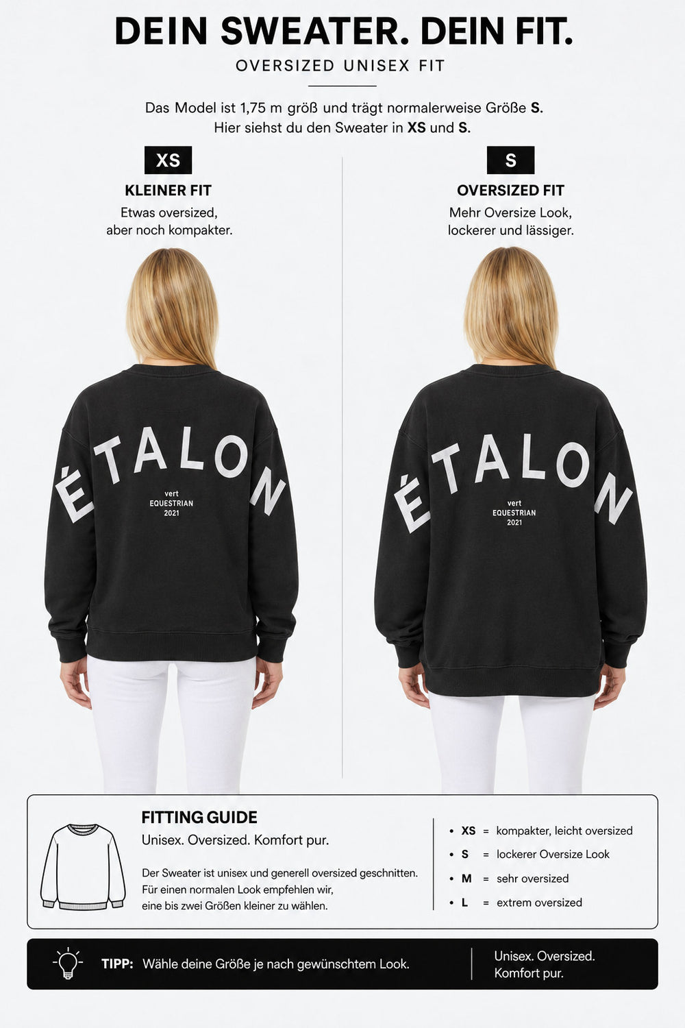 étalon vert – Oversize - ETALON Letters Sweater - Black – Fit-Guide XS und S – Model 1,75 m, normalerweise S [de]