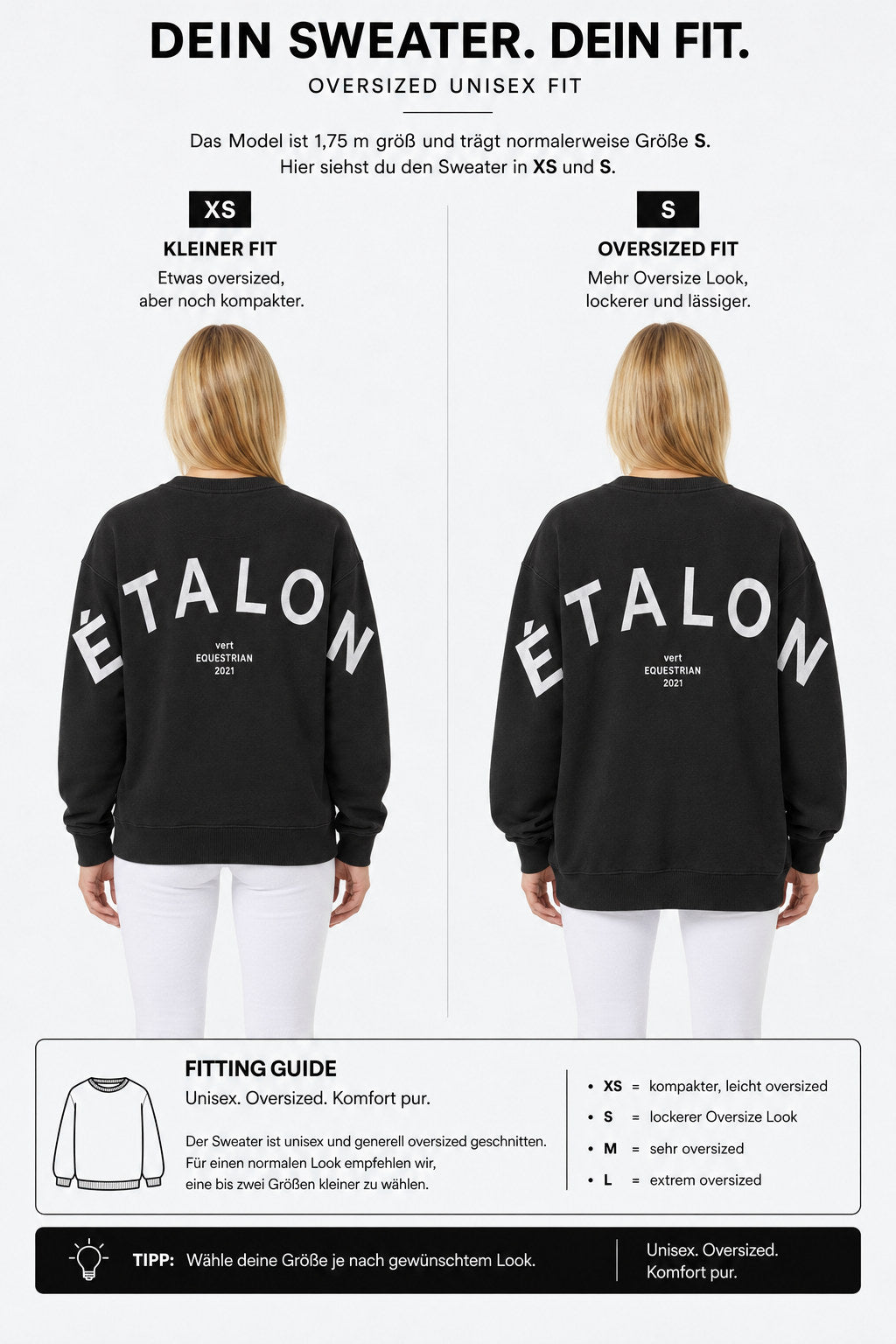 étalon vert – Oversize - ETALON Letters Sweater - Black – Fit-Guide XS und S – Model 1,75 m, normalerweise S