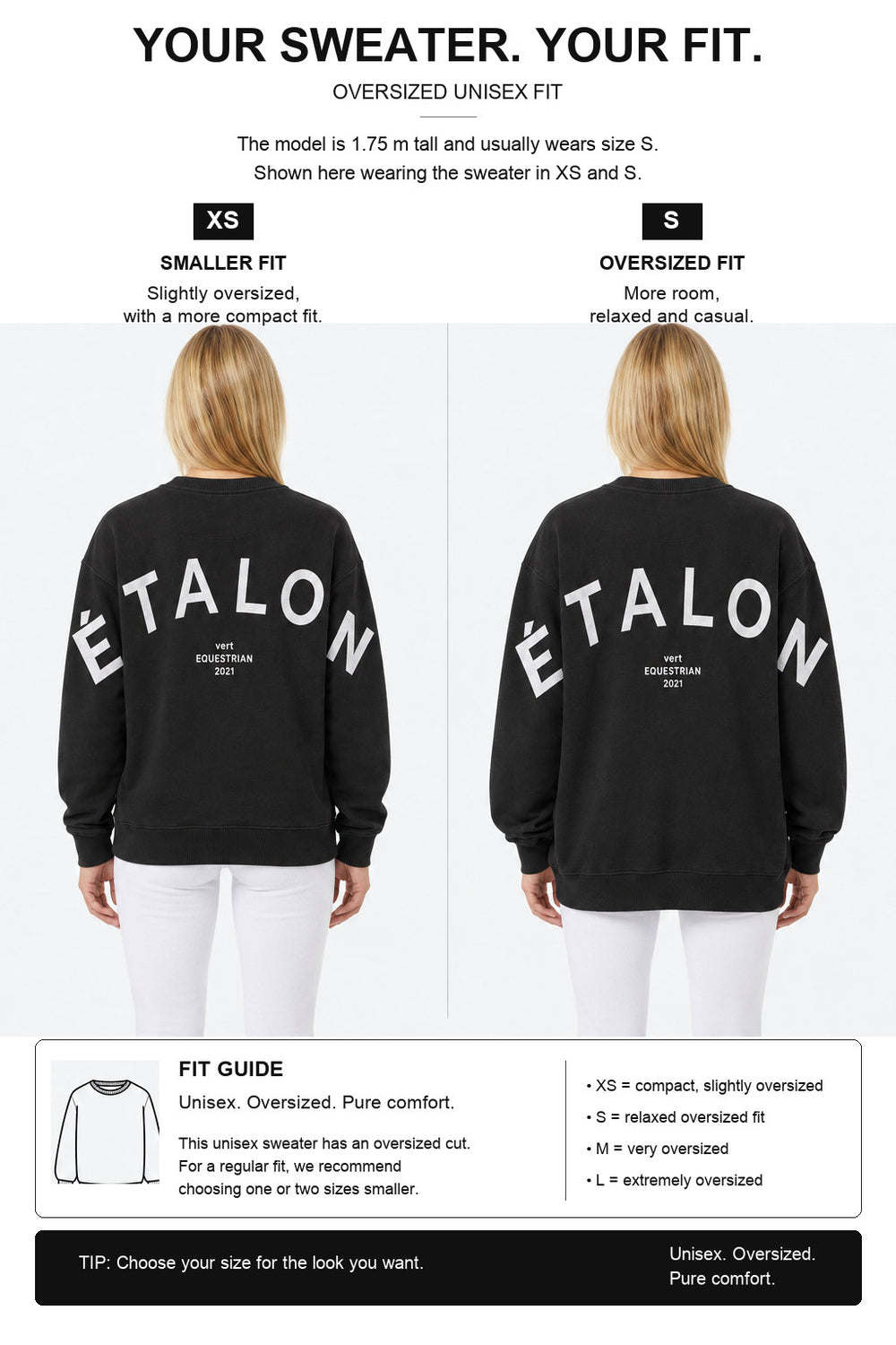 étalon vert – Oversize - ETALON Letters Sweater - Black – Fit-Guide XS und S – Model 1,75 m, normalerweise S [en]