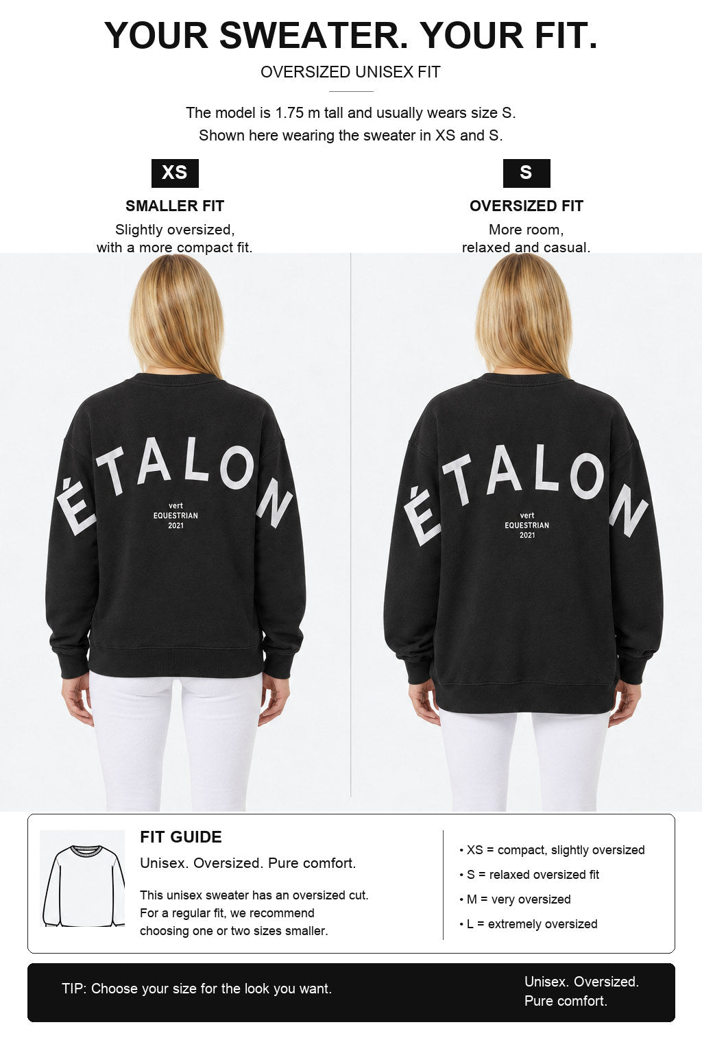 étalon vert – Oversize - ETALON Letters Sweater - Black – Fit-Guide XS und S – Model 1,75 m, normalerweise S