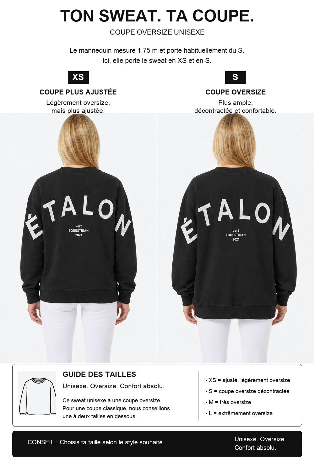 étalon vert – Oversize - ETALON Letters Sweater - Black – Fit-Guide XS und S – Model 1,75 m, normalerweise S [fr]