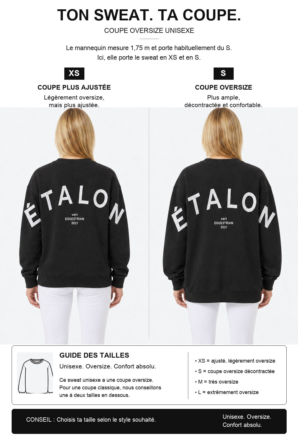 étalon vert – Oversize - ETALON Letters Sweater - Black – Fit-Guide XS und S – Model 1,75 m, normalerweise S