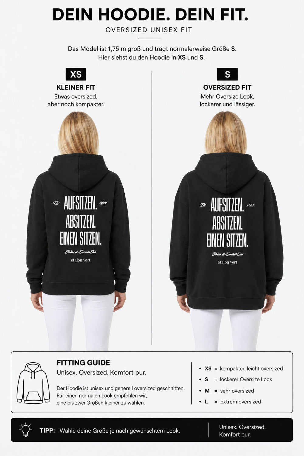 étalon vert – Oversize - Aufsitzen. Absitzen. Einen Sitzen. Hoodie - Black – Fit-Guide XS und S – Model 1,75 m, normalerweise S [de]