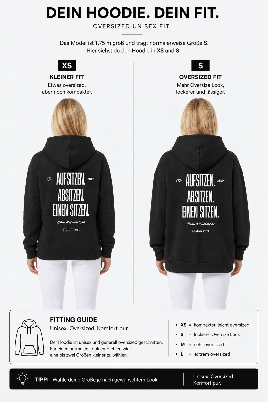 étalon vert – Oversize - Aufsitzen. Absitzen. Einen Sitzen. Hoodie - Black – Fit-Guide XS und S – Model 1,75 m, normalerweise S