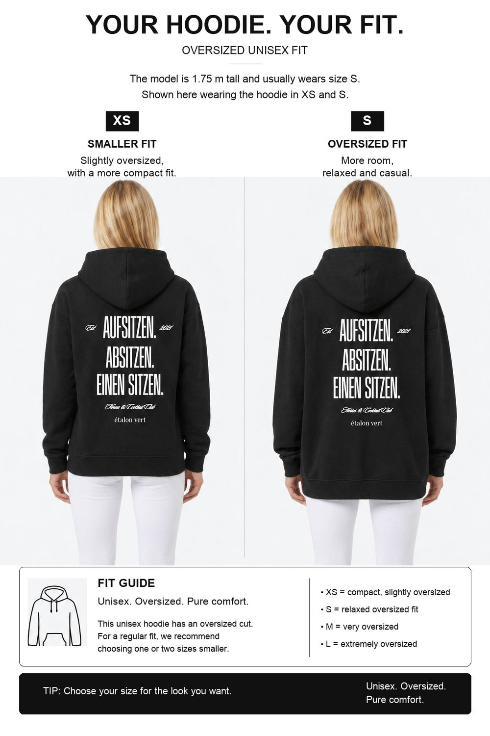 étalon vert – Oversize - Aufsitzen. Absitzen. Einen Sitzen. Hoodie - Black – Fit-Guide XS und S – Model 1,75 m, normalerweise S [en]