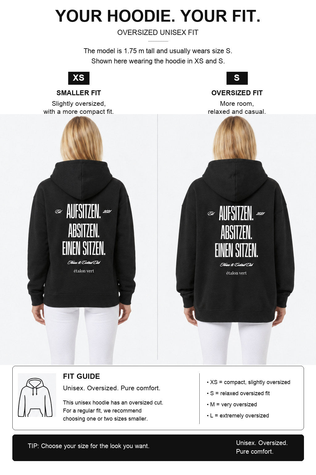 étalon vert – Oversize - Aufsitzen. Absitzen. Einen Sitzen. Hoodie - Black – Fit-Guide XS und S – Model 1,75 m, normalerweise S