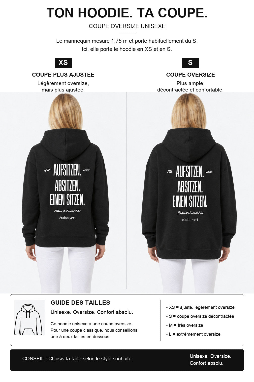 étalon vert – Oversize - Aufsitzen. Absitzen. Einen Sitzen. Hoodie - Black – Fit-Guide XS und S – Model 1,75 m, normalerweise S