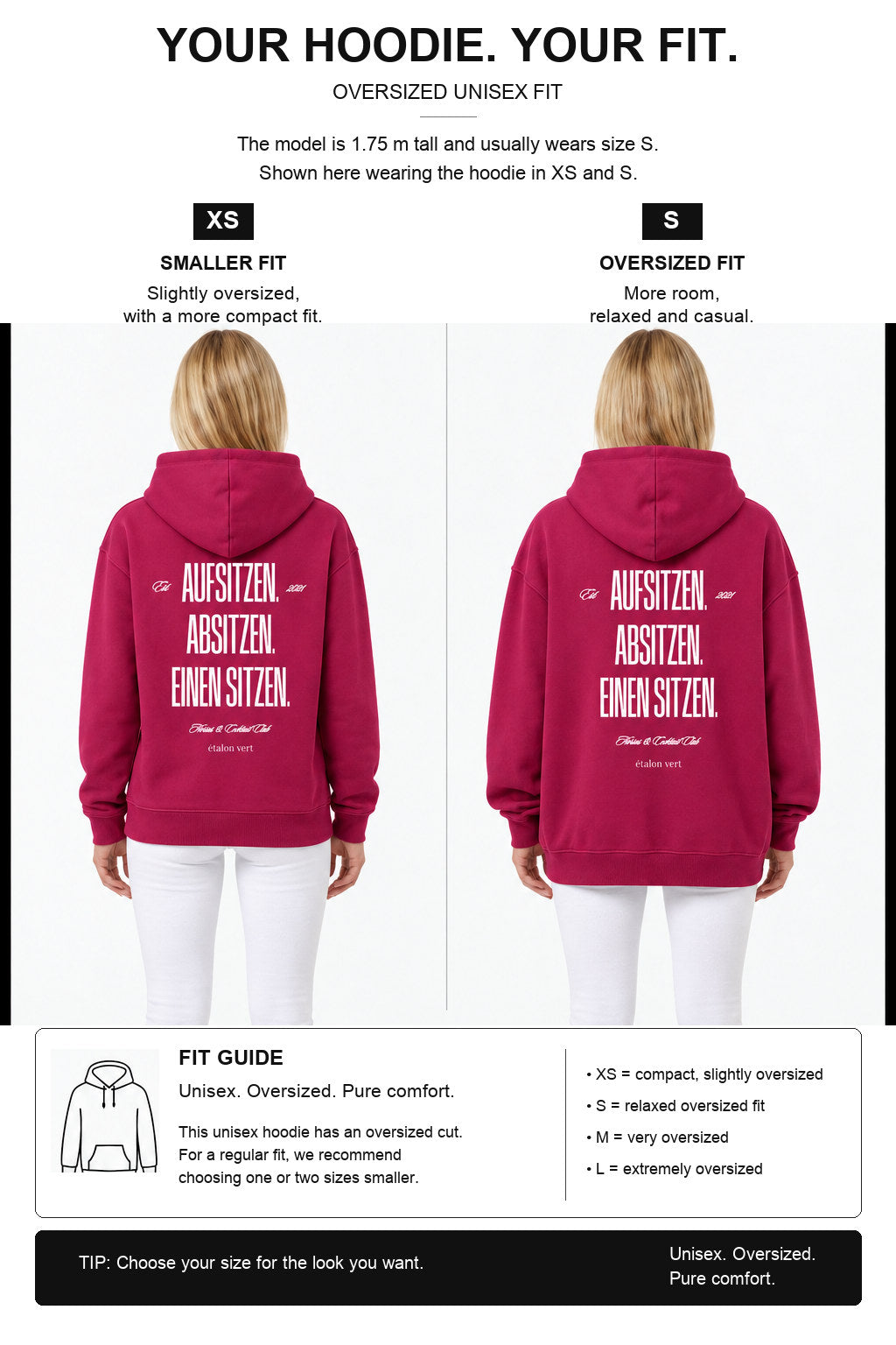étalon vert – Oversize - Aufsitzen. Absitzen. Einen Sitzen. Hoodie - Very Berry – Fit-Guide XS und S – Model 1,75 m, normalerweise S