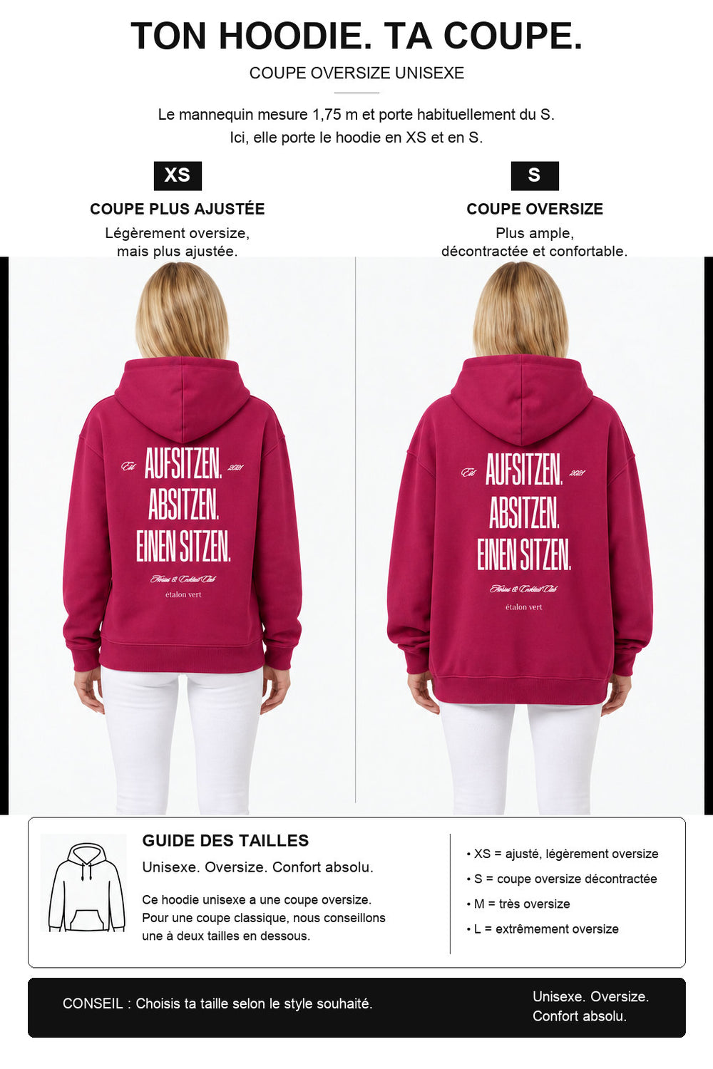 étalon vert – Oversize - Aufsitzen. Absitzen. Einen Sitzen. Hoodie - Very Berry – Fit-Guide XS und S – Model 1,75 m, normalerweise S [fr]