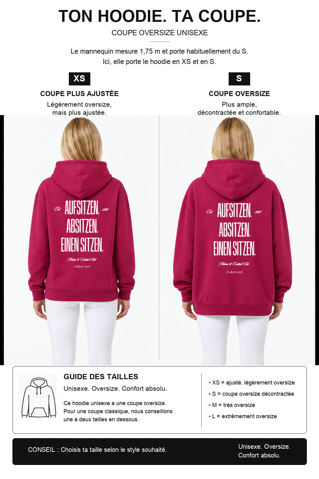 étalon vert – Oversize - Aufsitzen. Absitzen. Einen Sitzen. Hoodie - Very Berry – Fit-Guide XS und S – Model 1,75 m, normalerweise S