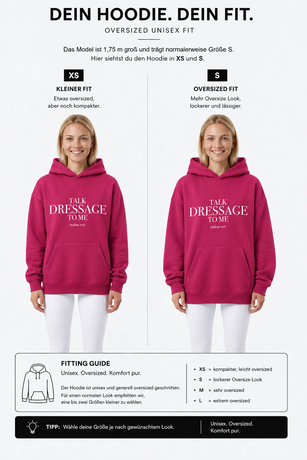 étalon vert – Oversize - Talk Dressage to Me. Hoodie - Very Berry – Fit-Guide XS und S – Model 1,75 m, normalerweise S [de]