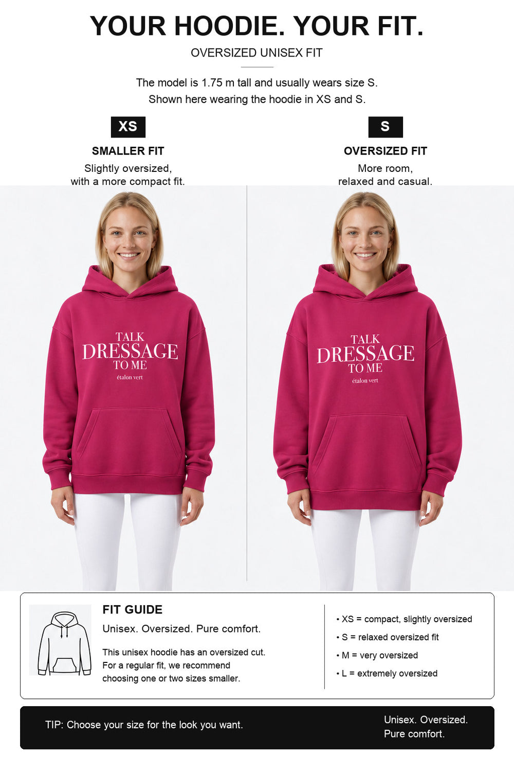 étalon vert – Oversize - Talk Dressage to Me. Hoodie - Very Berry – Fit-Guide XS und S – Model 1,75 m, normalerweise S [en]
