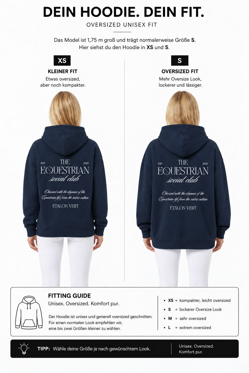 étalon vert – Oversize - Equestrian Social Club Hoodie - Navy – Fit-Guide XS und S – Model 1,75 m, normalerweise S