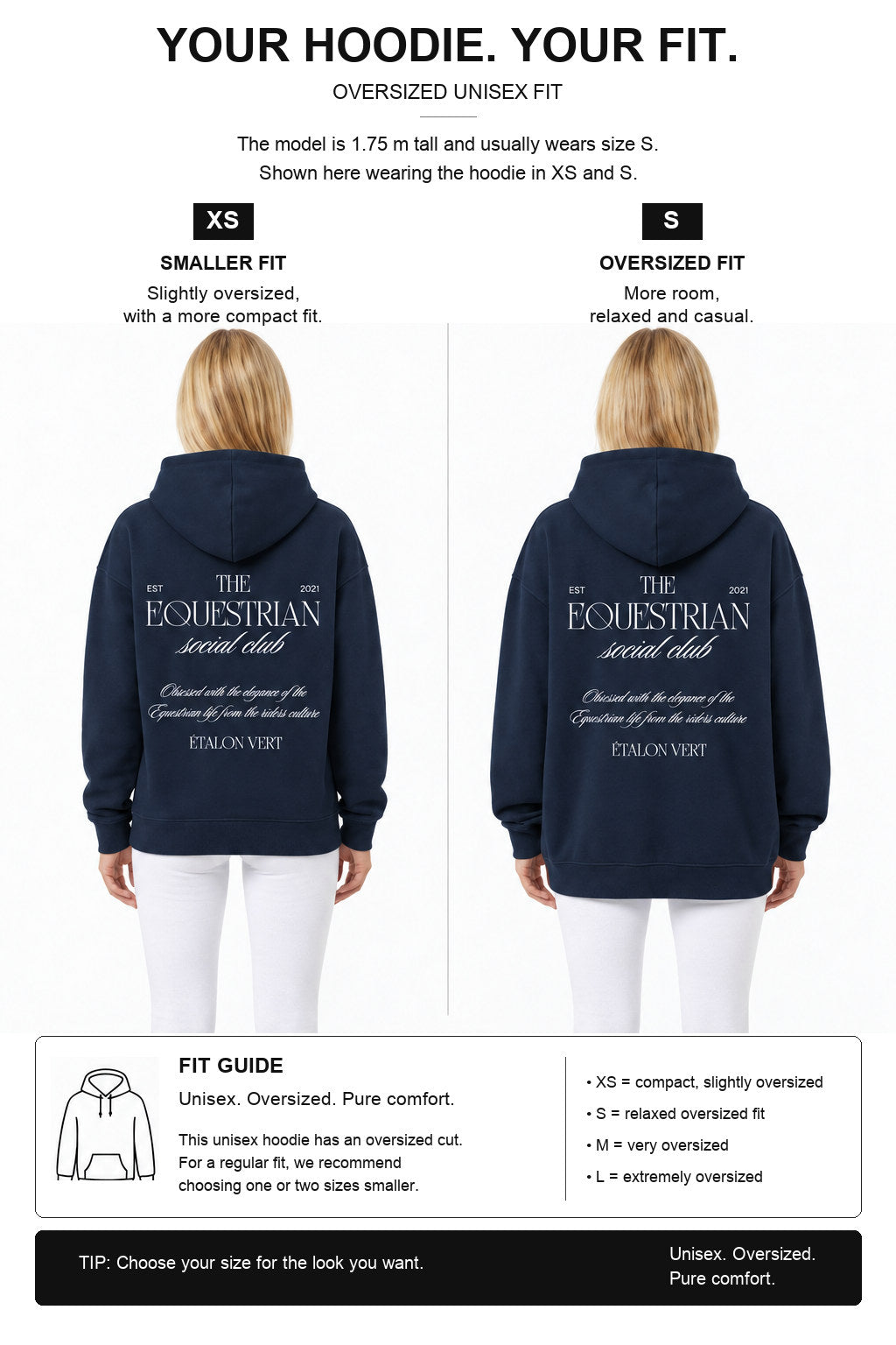 étalon vert – Oversize - Equestrian Social Club Hoodie - Navy – Fit-Guide XS und S – Model 1,75 m, normalerweise S