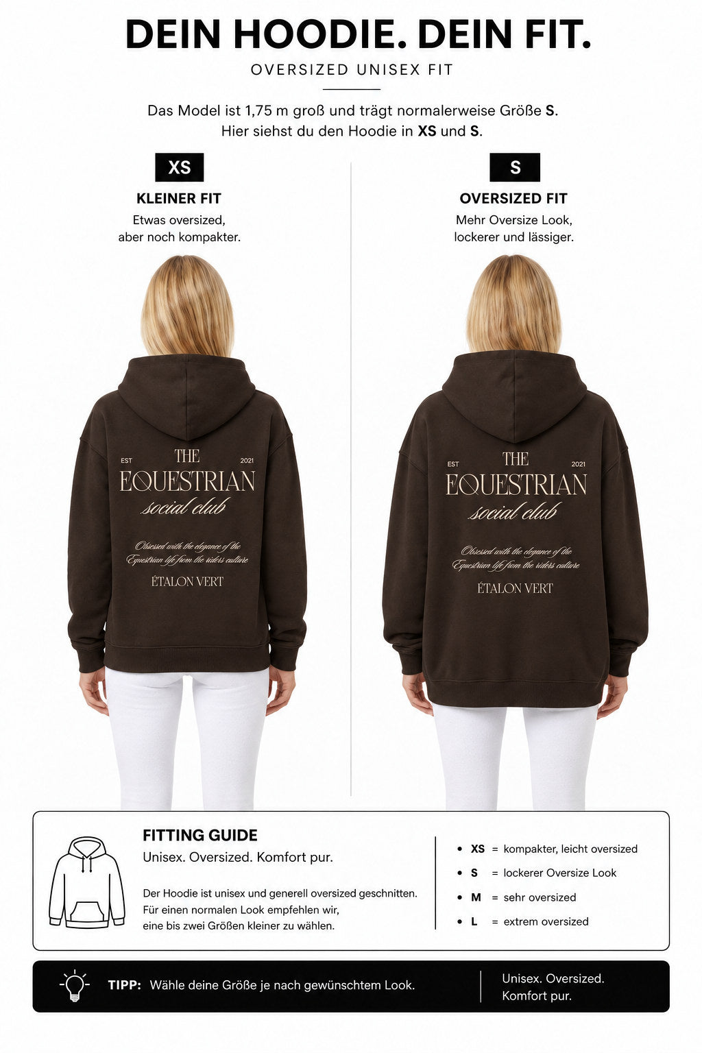 étalon vert – Oversize - Equestrian Social Club Hoodie - Brown – Fit-Guide XS und S – Model 1,75 m, normalerweise S