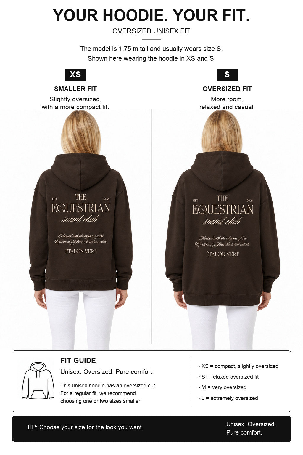étalon vert – Oversize - Equestrian Social Club Hoodie - Brown – Fit-Guide XS und S – Model 1,75 m, normalerweise S
