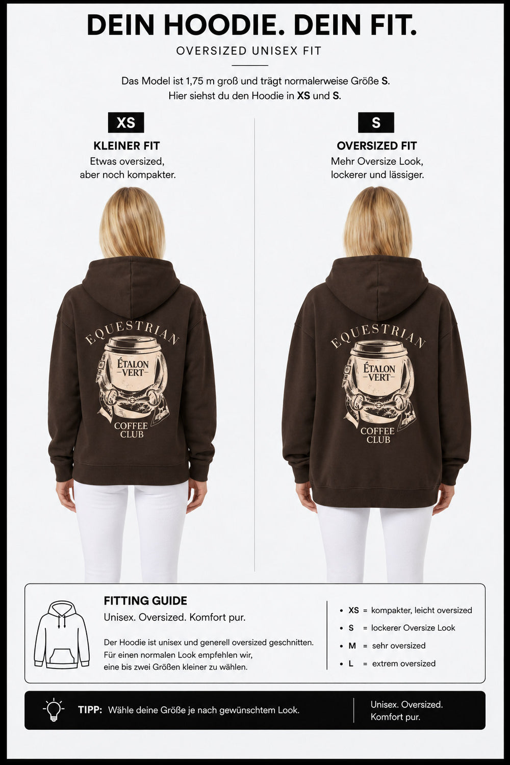 étalon vert – Oversize - Equestrian Coffee Club Hoodie - Brown – Fit-Guide XS und S – Model 1,75 m, normalerweise S [de]