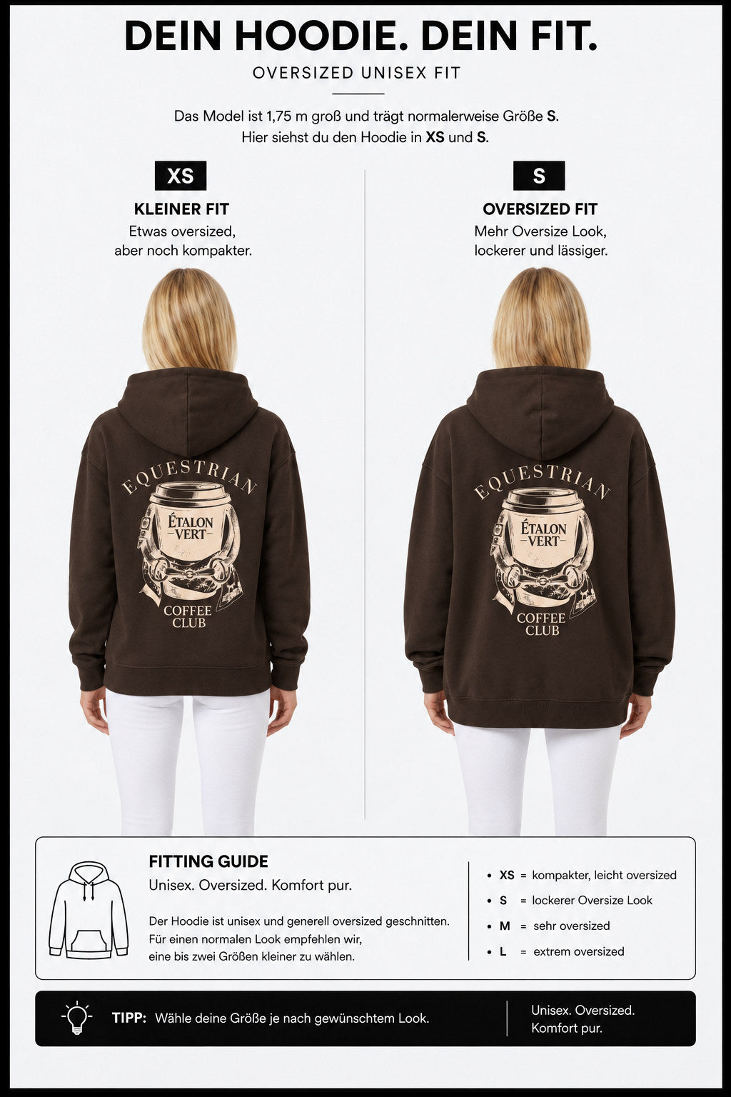 étalon vert – Oversize - Equestrian Coffee Club Hoodie - Brown – Fit-Guide XS und S – Model 1,75 m, normalerweise S