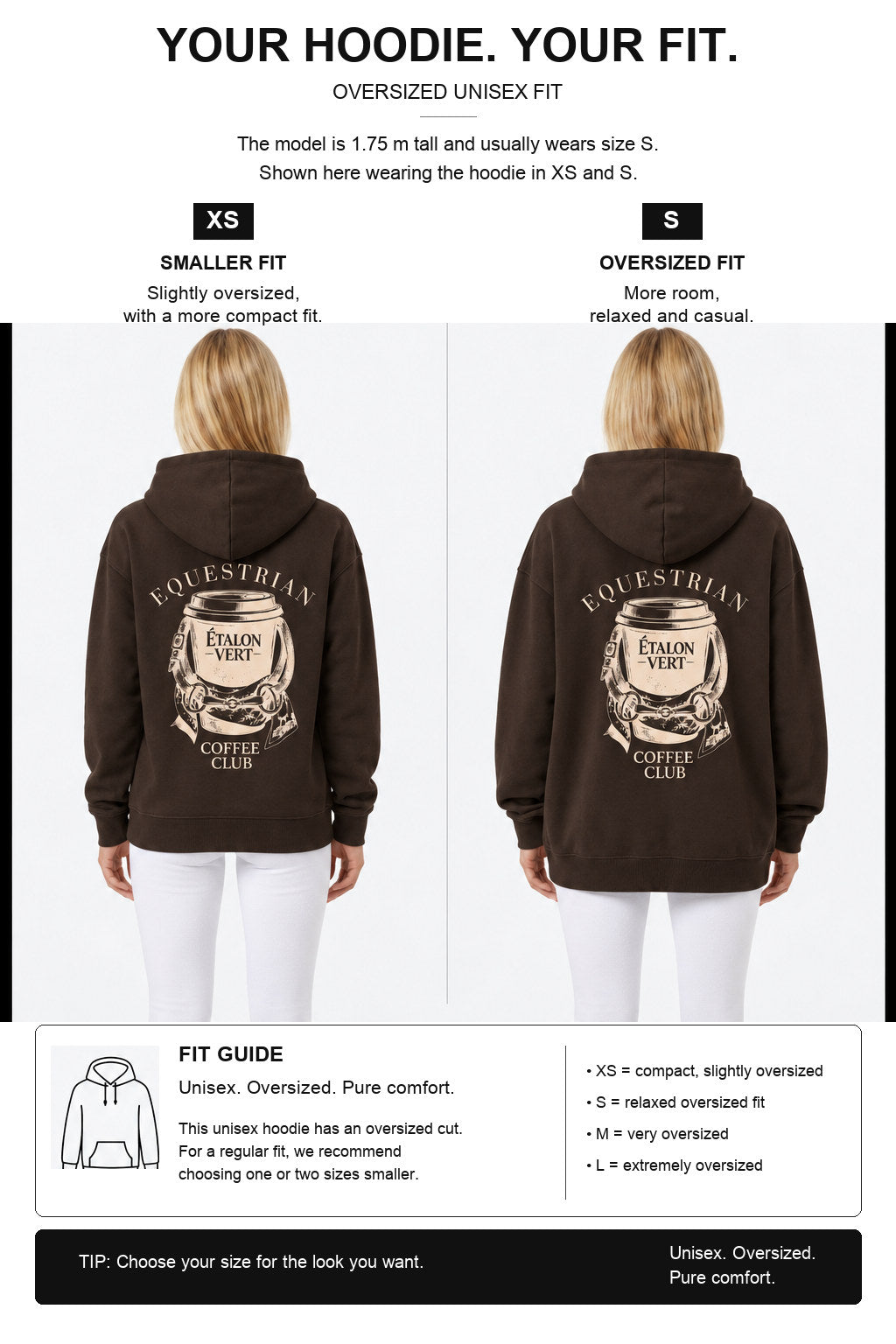 étalon vert – Oversize - Equestrian Coffee Club Hoodie - Brown – Fit-Guide XS und S – Model 1,75 m, normalerweise S