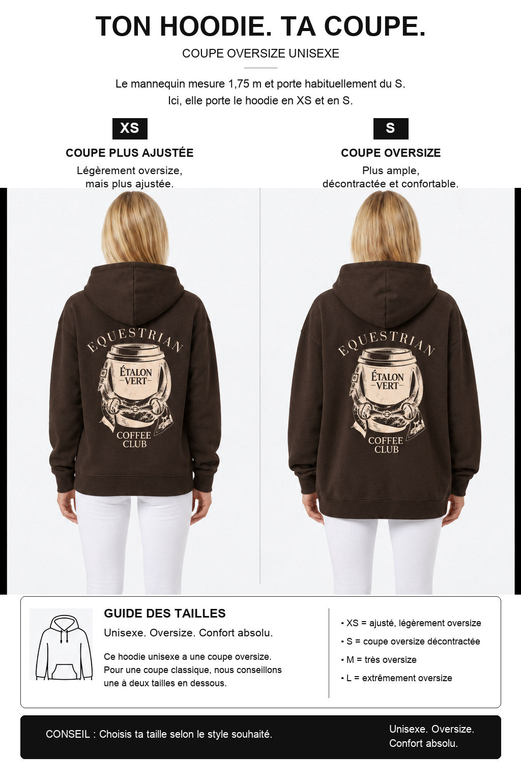 étalon vert – Oversize - Equestrian Coffee Club Hoodie - Brown – Fit-Guide XS und S – Model 1,75 m, normalerweise S
