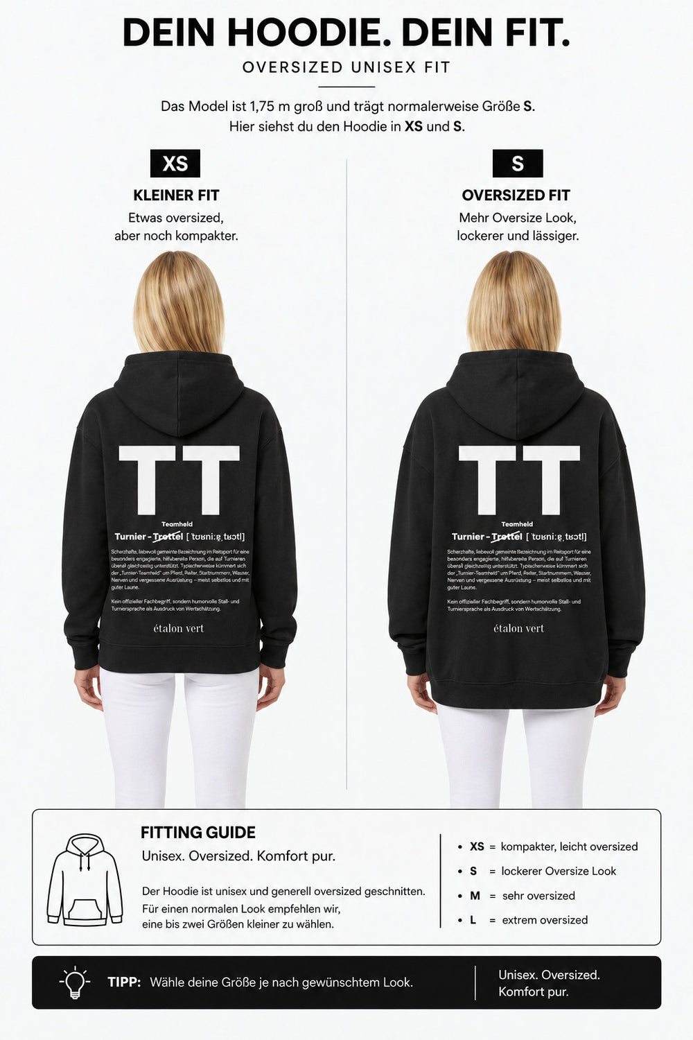 étalon vert – Oversize - TT Print Hoodie - Black – Fit-Guide XS und S – Model 1,75 m, normalerweise S [de]